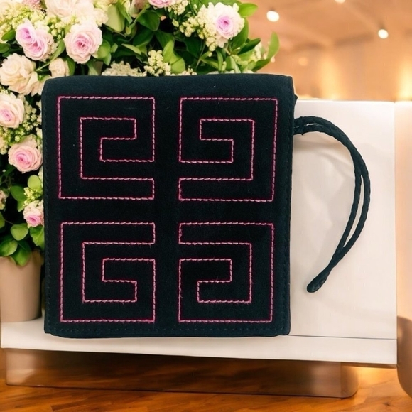 Givenchy Handbags - Women Wristlet GIVENCHY Black Magenta Pink Velvet Wallet Logo Embroidered Clutch